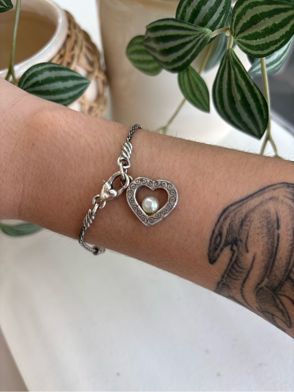 Brighton Sorority Row Silver Plated Heart Charm Bracelet with Pearl